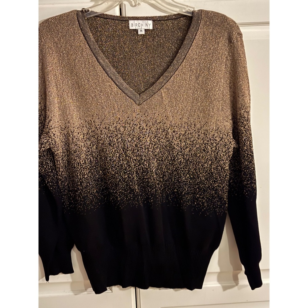 Birch NY Women Gold Metallic Ombre V-Neck Sweater Black XL Shimmer Long Sleeve